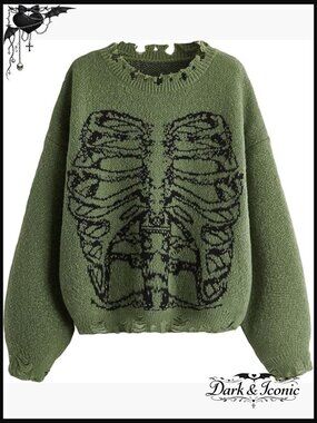 Oversized Skeleton Pattern Ripped Pullover Sweater Women's Chunky Knit
